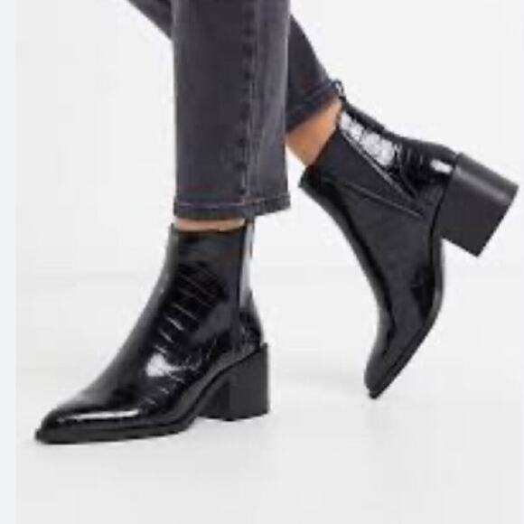 Steve Madden Audience Black Leather Crocodile Embossed Pointed-Toe Ankle Boots 8 - Picture 1 of 12